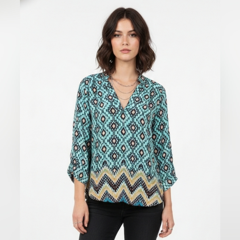 Rue21 Blouse Blue Western Boho Tunic Blue Casual Aztec L